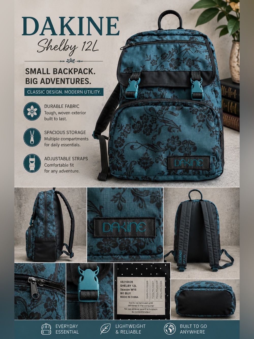 DAKINE Shelby 12L Small Backpack Teal Floral Adjustable Straps Y2K